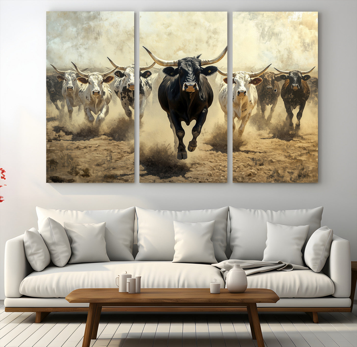 Dynamic canvas showing a Texas Longhorn stampede with earthy tones and bold movement, perfect for rustic or Western-style interiors.