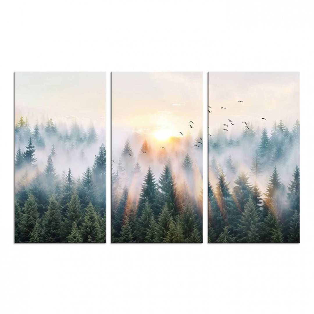 Misty Pine Forest Wall Art: A depiction of sunrise over foggy trees and birds against a bright sky; a framed woodland scene ideal for home or office decor.