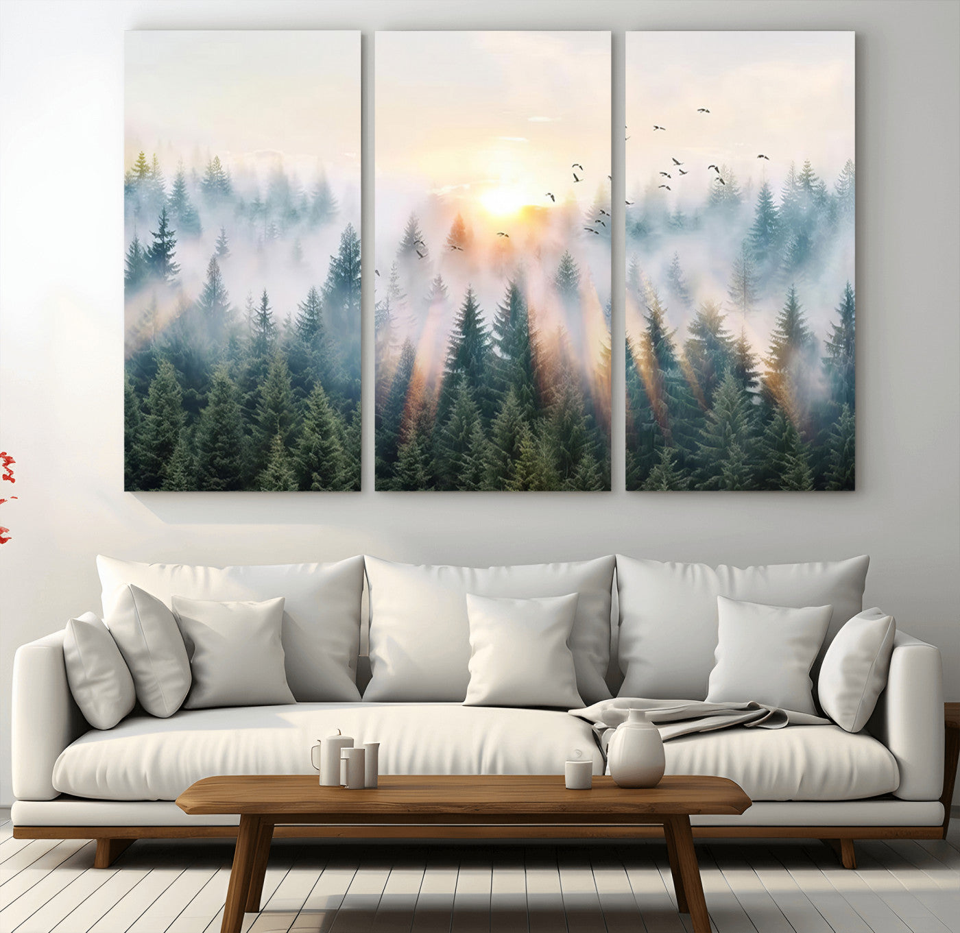 MGV-CV-48X32-3P - Misty Pine Forest Wall Art Canvas, Sunrise Over Foggy Trees Canvas for Home - Office, Framed