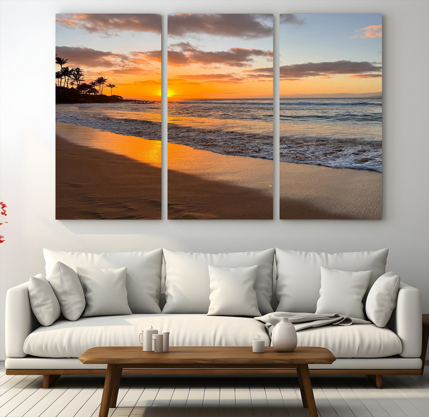 Canvas of a tropical beach at sunset with golden reflections and palm trees, perfect for vibrant coastal or island-style decor.