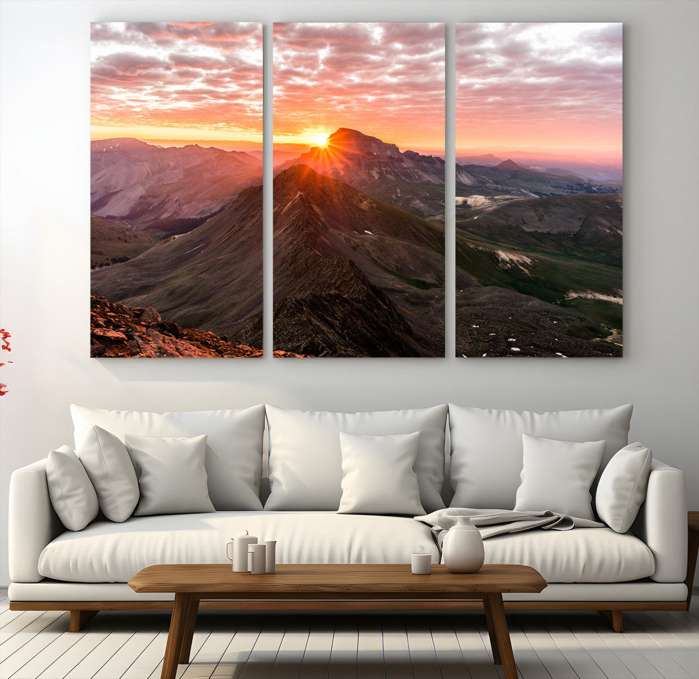 50957419-MGV-CV-48X32-3P-Mountain Sunrise Wall Art Canvas Print – Alpine Ridge Morning Light Misty Peaks Nature Landscape Artwork for Home Office