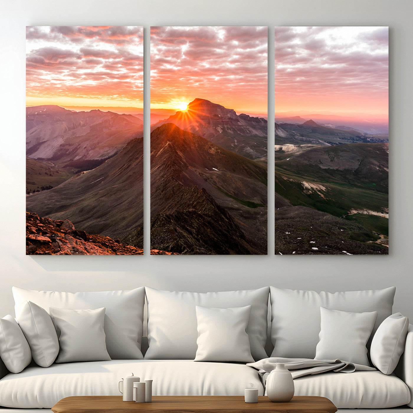 MGV-CV-48X32-3P - Majestic Sunrise Wall Art – Canvas Print of Rugged Mountain Peaks, Vibrant Sky, Serene Landscape, Nature Decor for Home or Office