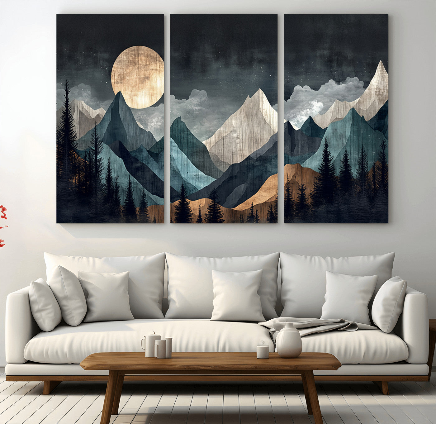 11060882-MGV-CV-36X24-Moonlit Mountain Wall Art Canvas Print – Silhouetted Pines Layered Peaks Tranquil Sky Mist Silver Light Nature Artwork for Home