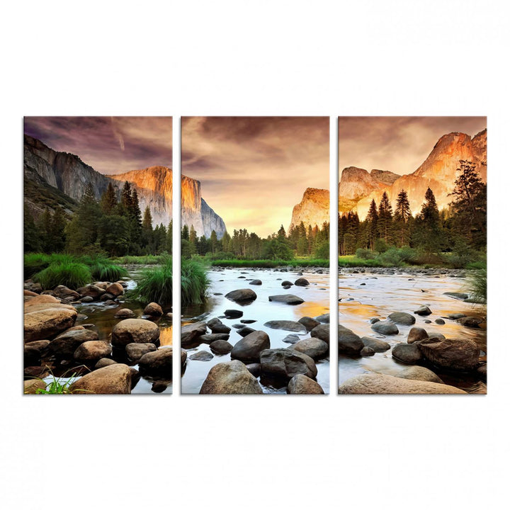 A tranquil riverside sunset mirrors the beauty of a Yosemite wall art masterpiece like the Large El Capitan Print.