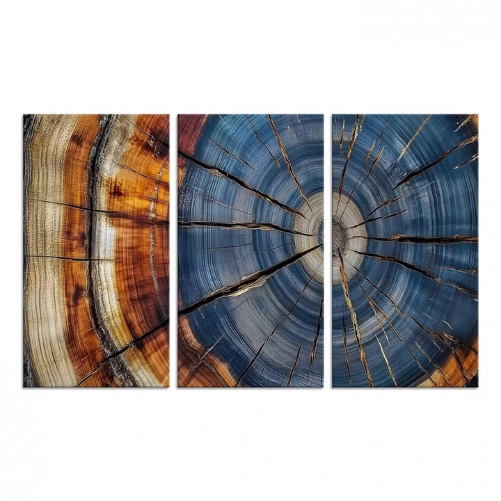 Close-up of blue, brown, and orange wood grain rings on the Abstract Tree Rings Canvas Wall Art Print.