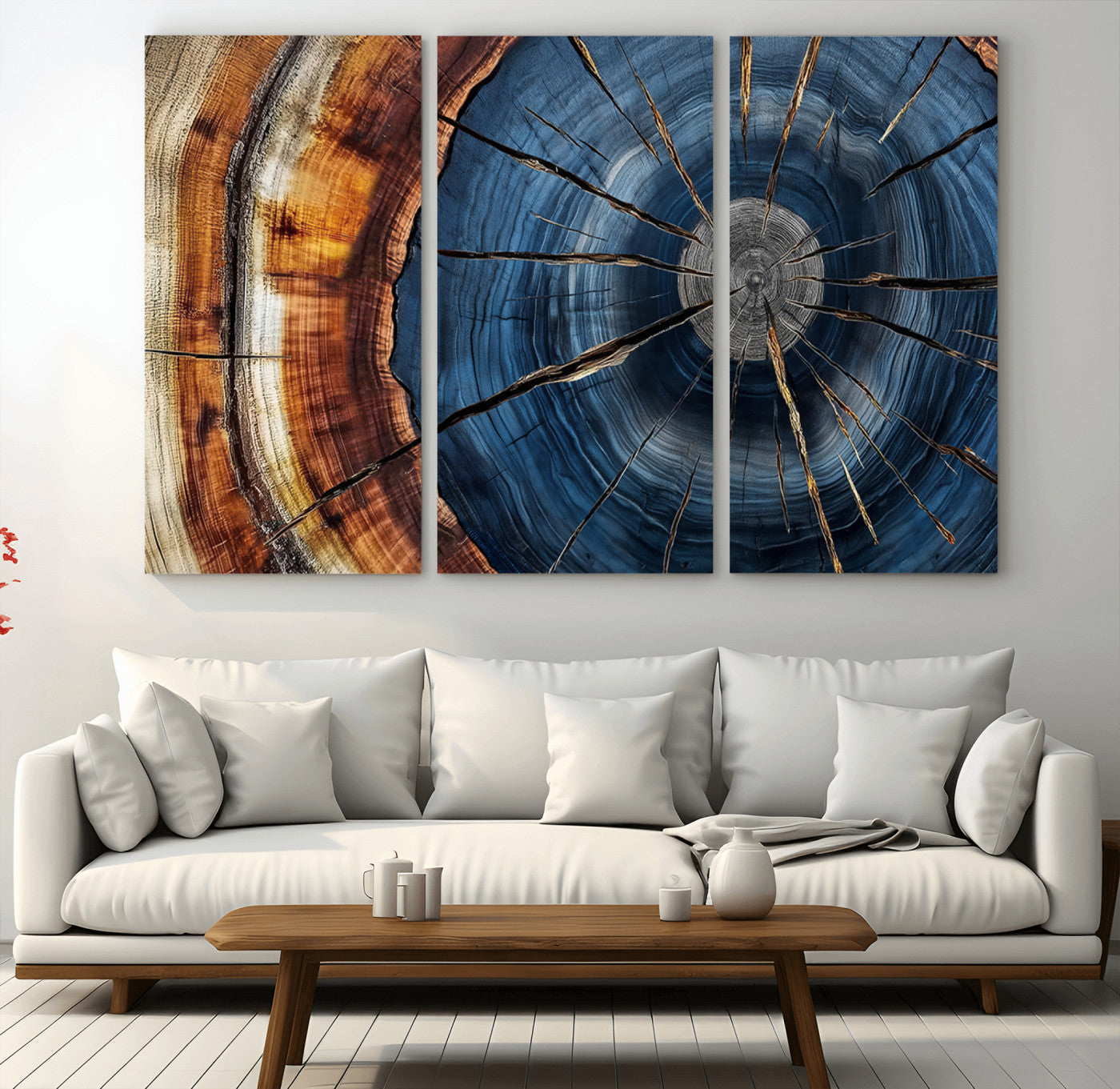 MGV-CV-48X32-3P - Framed Abstract Tree Ring Wall Art Print, Natural Rustic Wood Texture Canvas Print, Wood Tree Stump