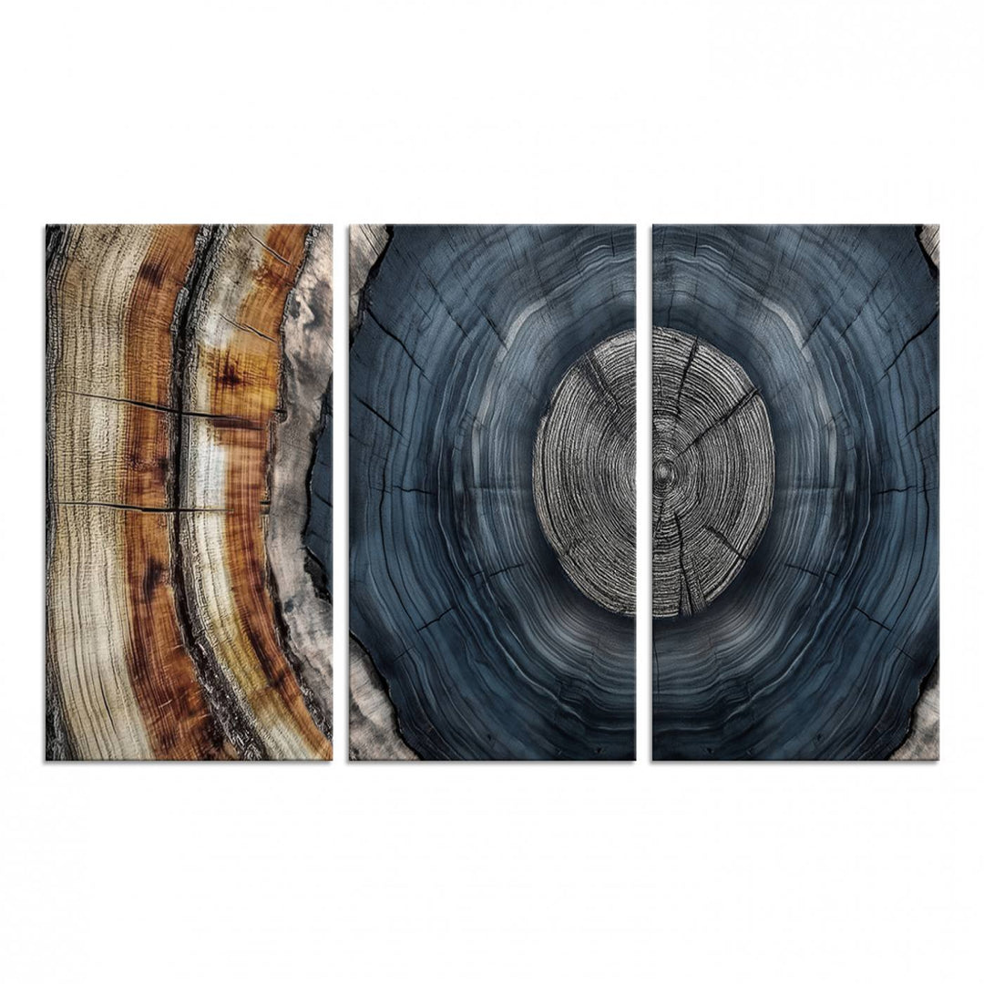 Close-up of the Abstract Tree Rings Wall Art Print featuring shades of blue, brown, and gray.