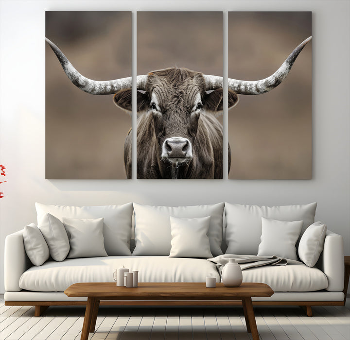 The Framed Texas Longhorn Bull Art Canvas Print adds timeless elegance to the serene setting.