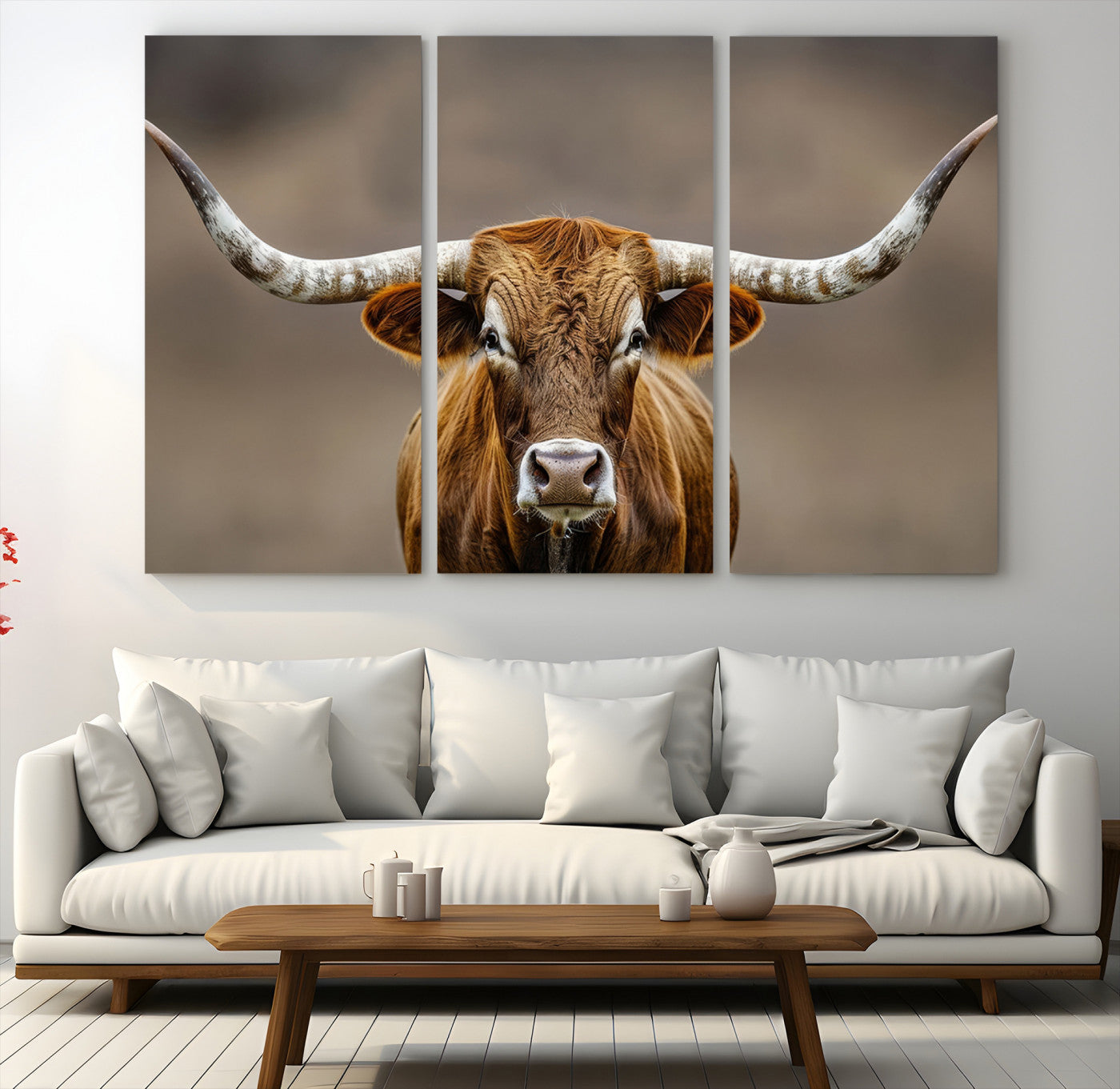 12179171-MGV-CV-48X32-3P-Texas Longhorn Wall Art Canvas Print – Brown Bull Rustic Ranch Western Cattle Nature Artwork for Home Office