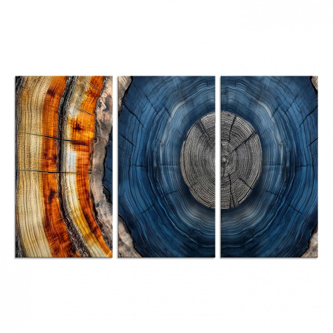 Vibrant Abstract Tree Rings in Orange, Brown, and Blue - Canvas Print for Nature Woodland Wall Decor.