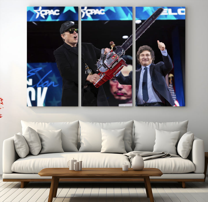 The wall art in the living room is an Elon Musk Chainsaw Art Print, depicting two men with chainsaws on stage in front of a vibrant crowd.