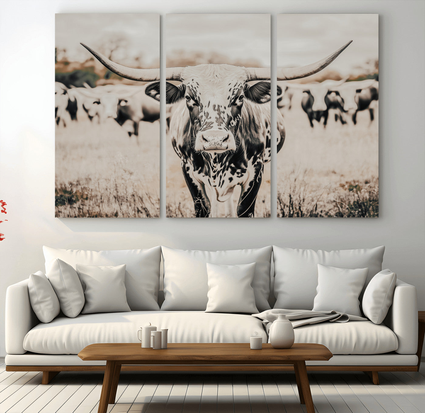 27497342-MGV-CV-36X24-Texas Longhorn Wall Art Canvas Print – Framed Speckled Bull Horned Cattle Rustic Western Artwork for Home Office
