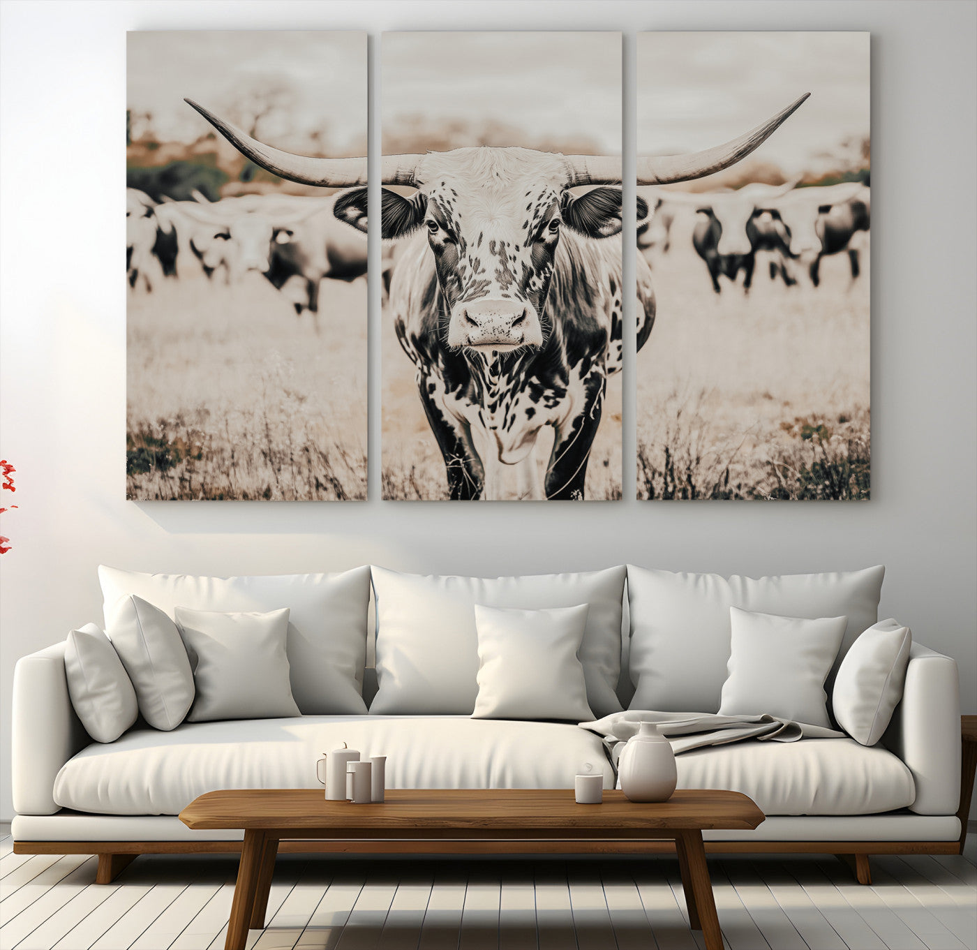 27497342-MGV-CV-48X32-3P-Texas Longhorn Wall Art Canvas Print, Framed Speckled Cow Art Picture Print, Horned Cattle Perfect Rustic Western Decor Artwork
