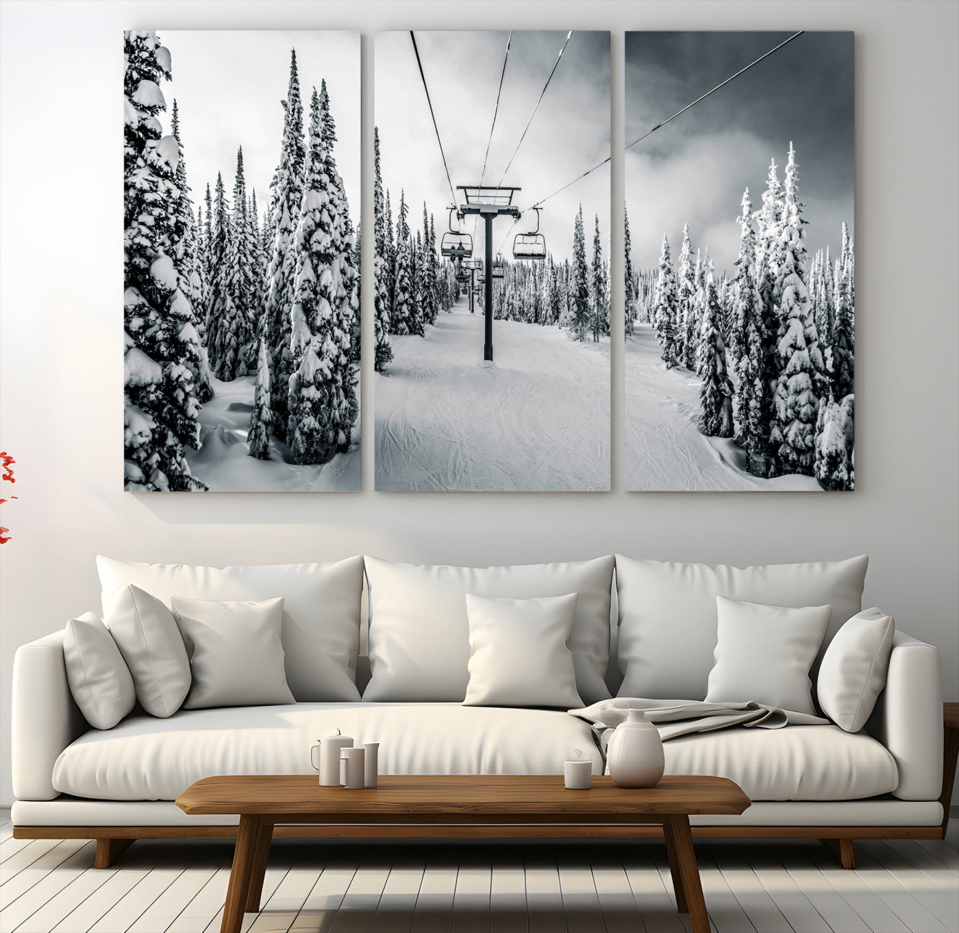 31156828-MGV-CV-48X32-3P-Snowy Pines Wall Art Canvas Print, Framed Ski Lift Art Picture Print, Winter Forest Perfect Moody Lodge Decor, Ski Lift Wall Art Canvas