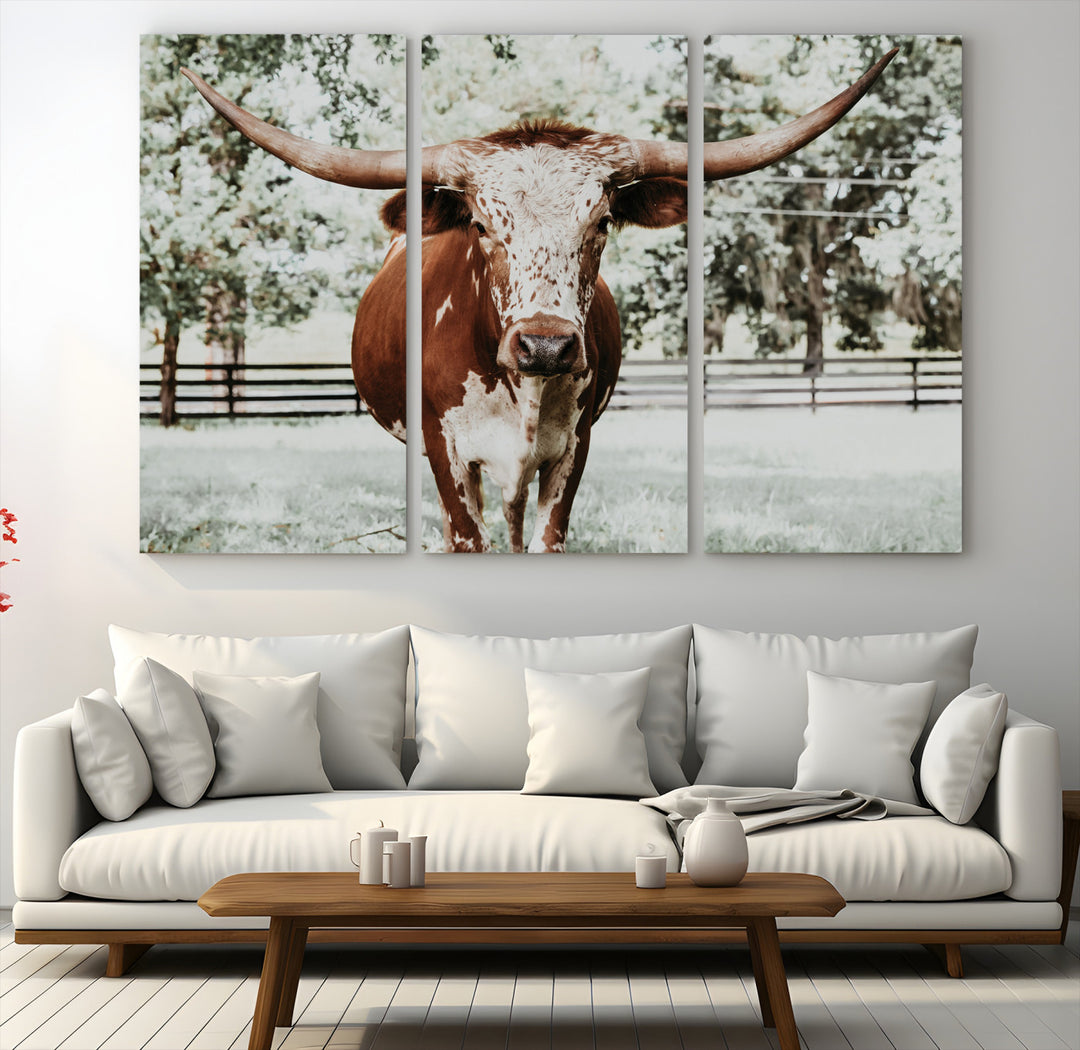 Texas Longhorn Wall Art Canvas Print, Framed Spotted Cow Art Picture Print, Horned Cattle Perfect Rustic Western Decor, Framed Horned Cattle Print