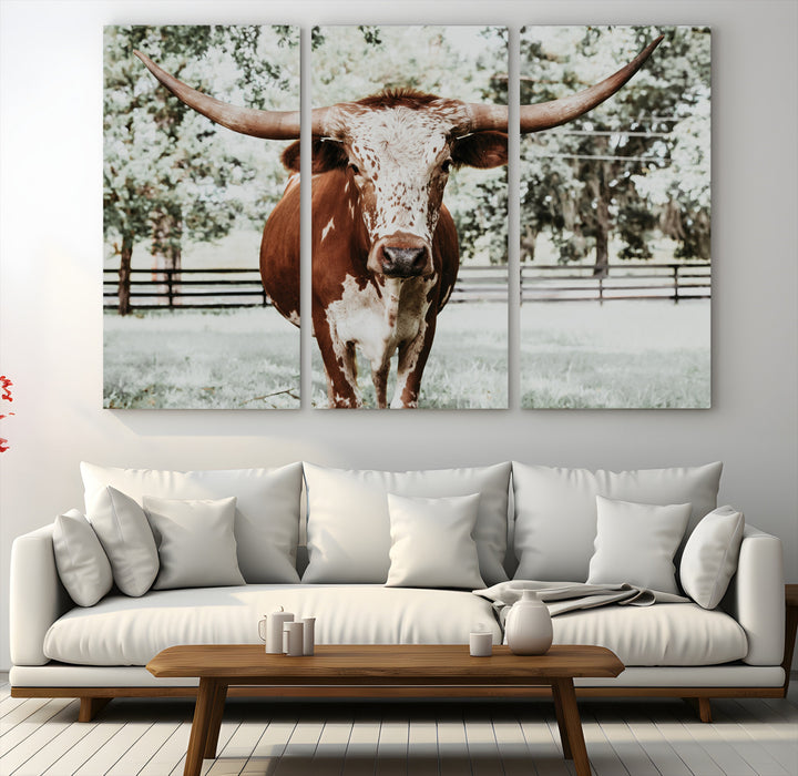 Texas Longhorn Wall Art Canvas Print, Framed Spotted Cow Art Picture Print, Horned Cattle Perfect Rustic Western Decor, Framed Horned Cattle Print