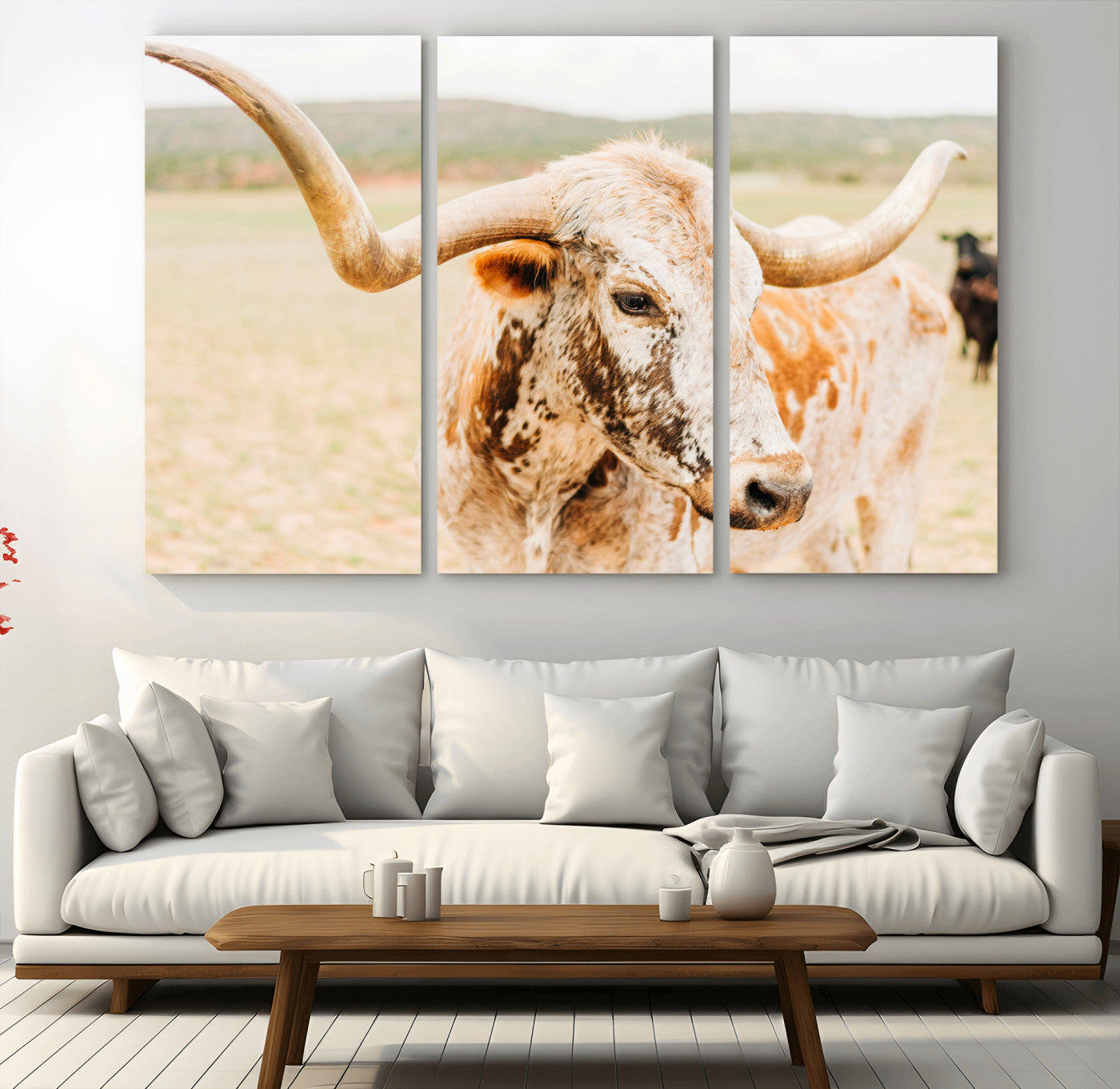 69501833-MGV-CV-48X32-3P-Texas Longhorn Wall Art Canvas Print – Framed Spotted Cow Rustic Bull Horned Cattle Western Artwork for Home, Office