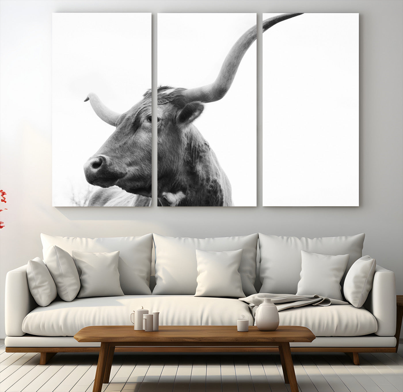 64392617-MGV-CV-48X32-3P-Longhorn Wall Art Wall Art Canvas Print, Framed Modern Ranch Style Art Art Picture Print, Monochrome Cow Print Perfect Rustic Western Decor