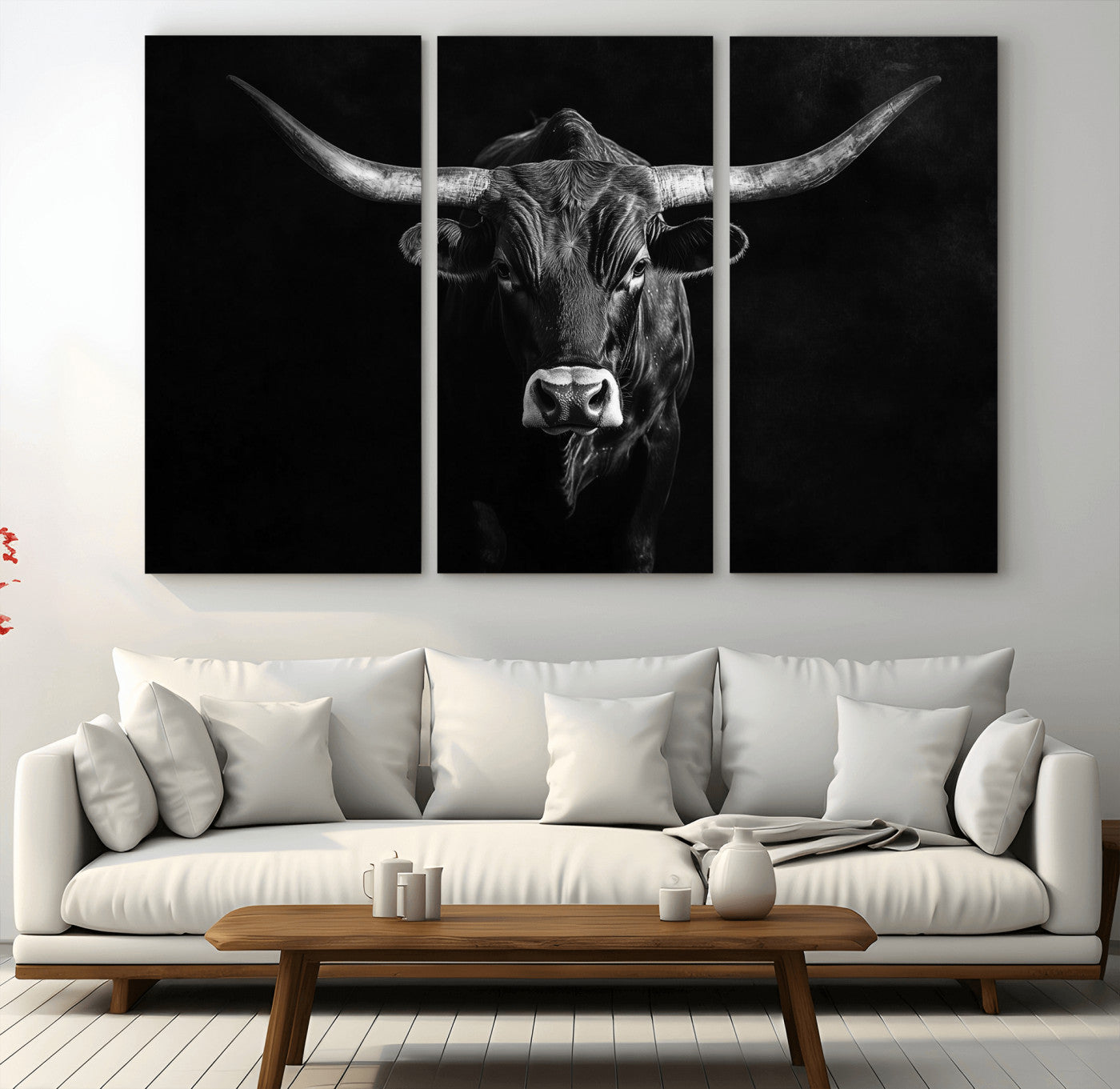 42077175-MGV-CV-36X24-Texas Longhorn Wall Art Canvas Print – Framed Monochrome Horned Bull Rustic Western Cattle Artwork for Home, Office