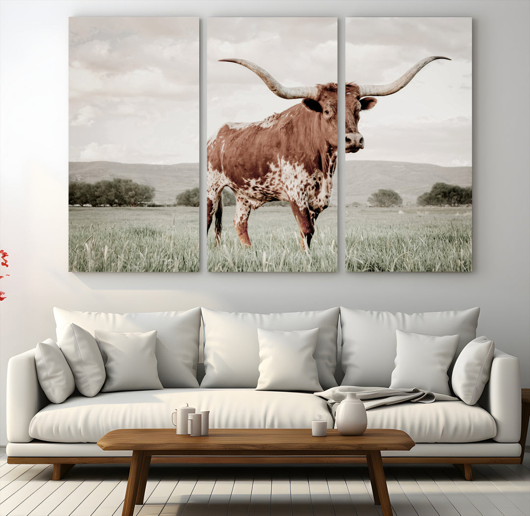 Texas Longhorn Wall Art Canvas Print, Framed Spotted Cattle Art Picture Print, Horned Bull Perfect Rustic Western Decor Artwork