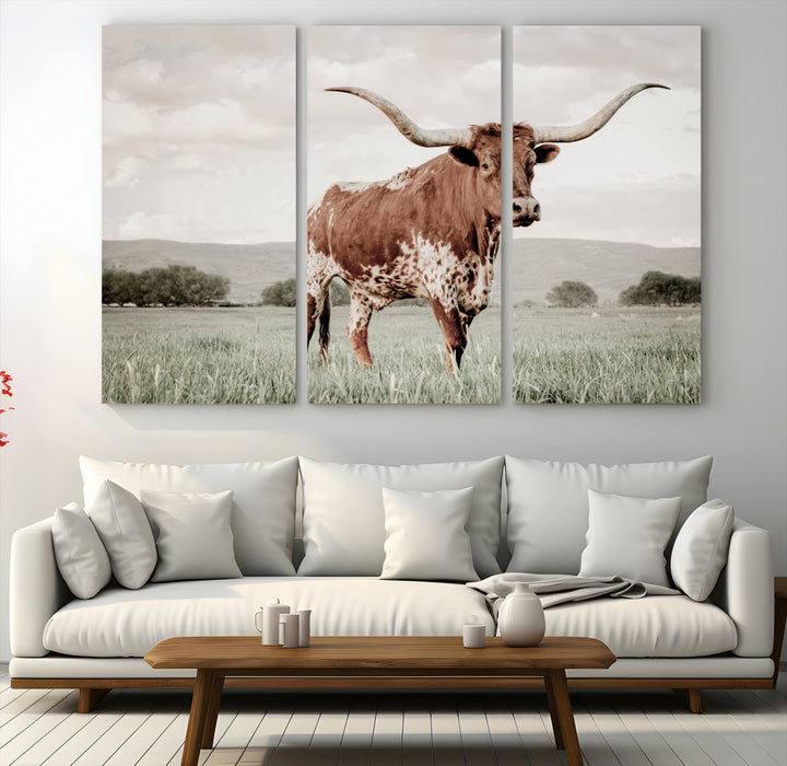 Texas Longhorn Wall Art Canvas Print, Framed Spotted Cattle Art Picture Print, Horned Bull Perfect Rustic Western Decor Artwork