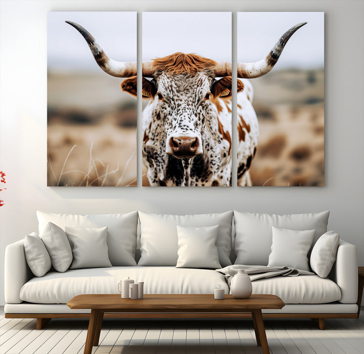 Texas Longhorn Wall Art Canvas Print, Framed Spotted Cow Art Picture Print, Horned Cattle Perfect Rustic Western Decor Artwork