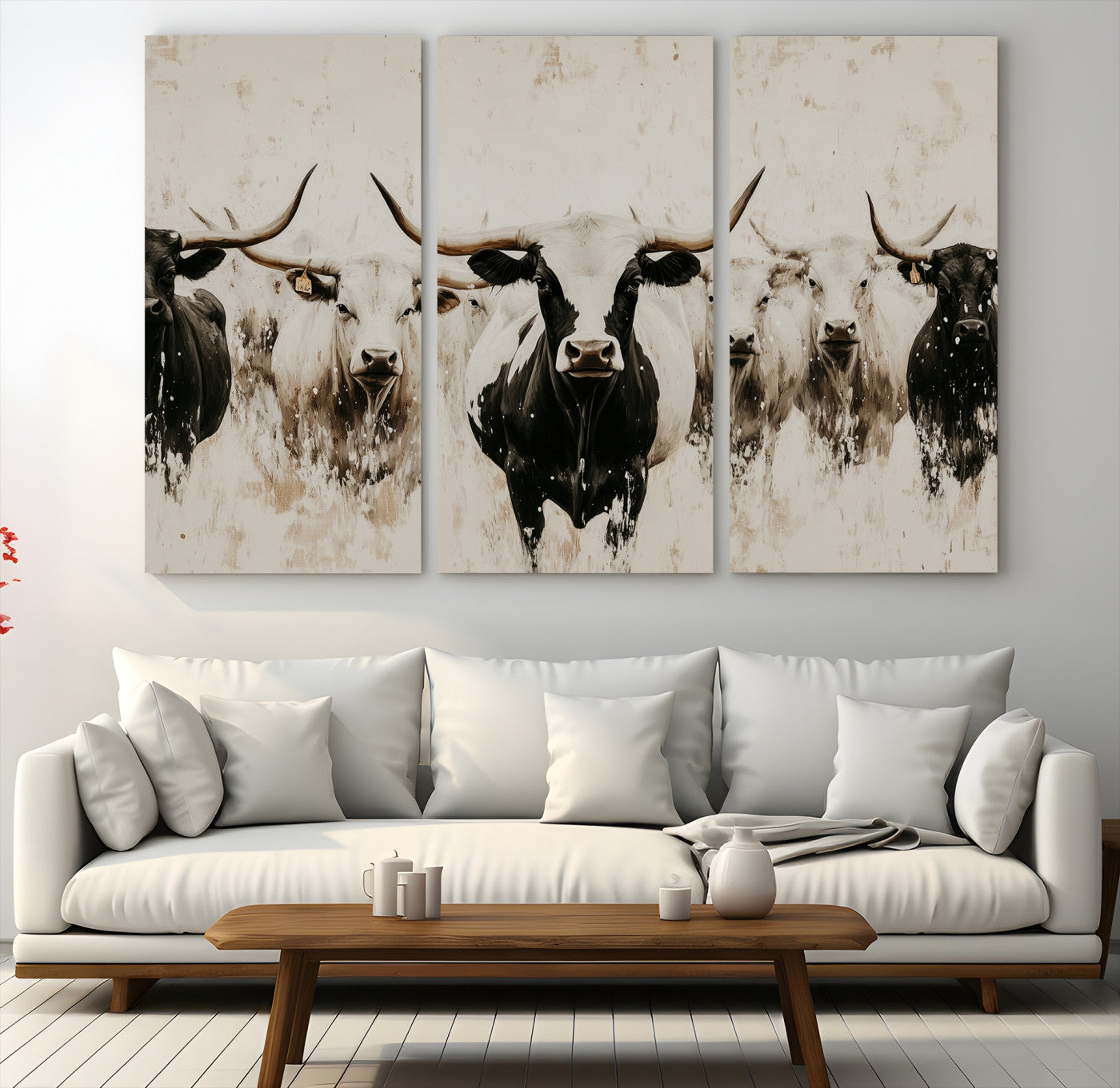 12027562-MGV-CV-48X32-3P-Longhorn Cattle Wall Art Canvas Print – Framed Bison Herd Western Ranch Countryside Animal Landscape Artwork for Home Office