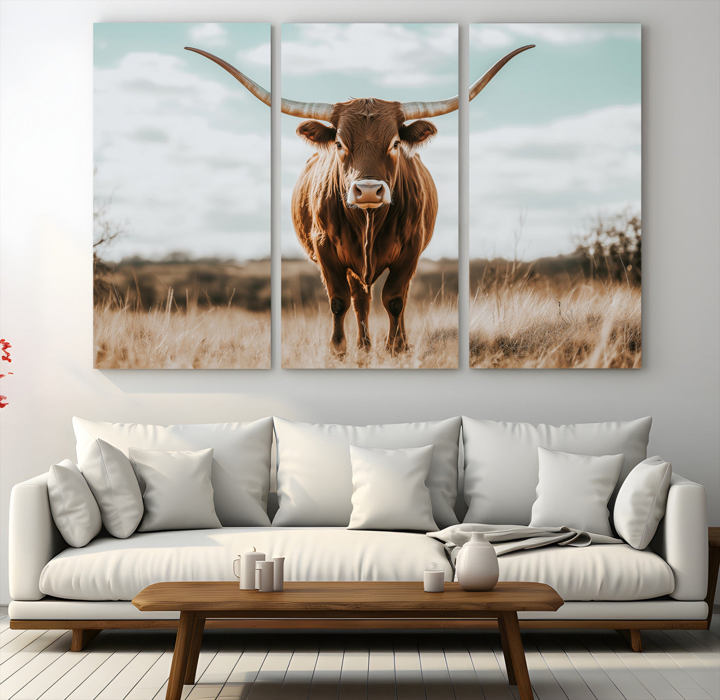 Texas Longhorn standing in a golden prairie under soft skies, ideal for rustic or western-style decor with warm natural tones.
