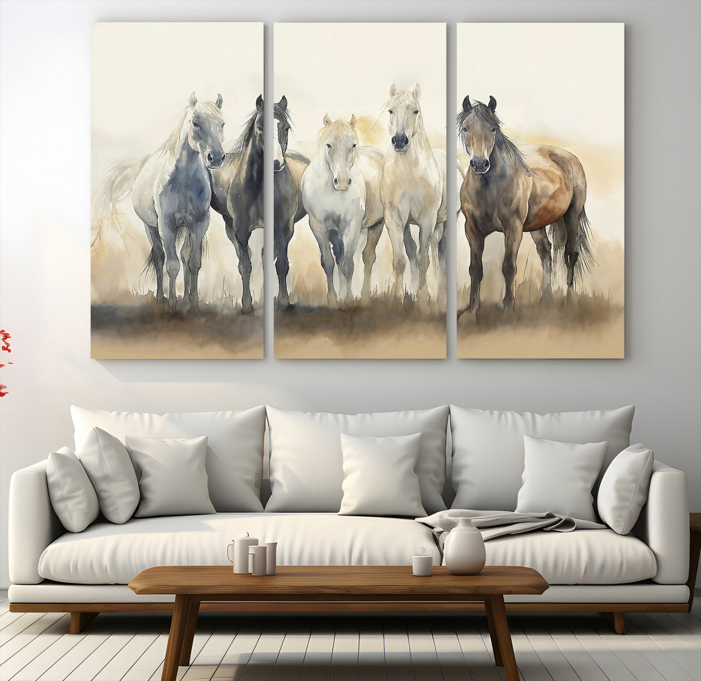Watercolor illustration of five wild horses in soft neutral tones, perfect for rustic or western-style home decor with a calming natural vibe.