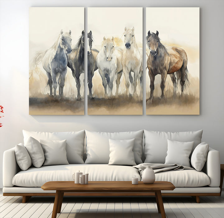 Wild Horses Wall Art Canvas Print, Framed Running Horses Art Picture Print, Watercolor Horses Perfect Rustic Western Decor