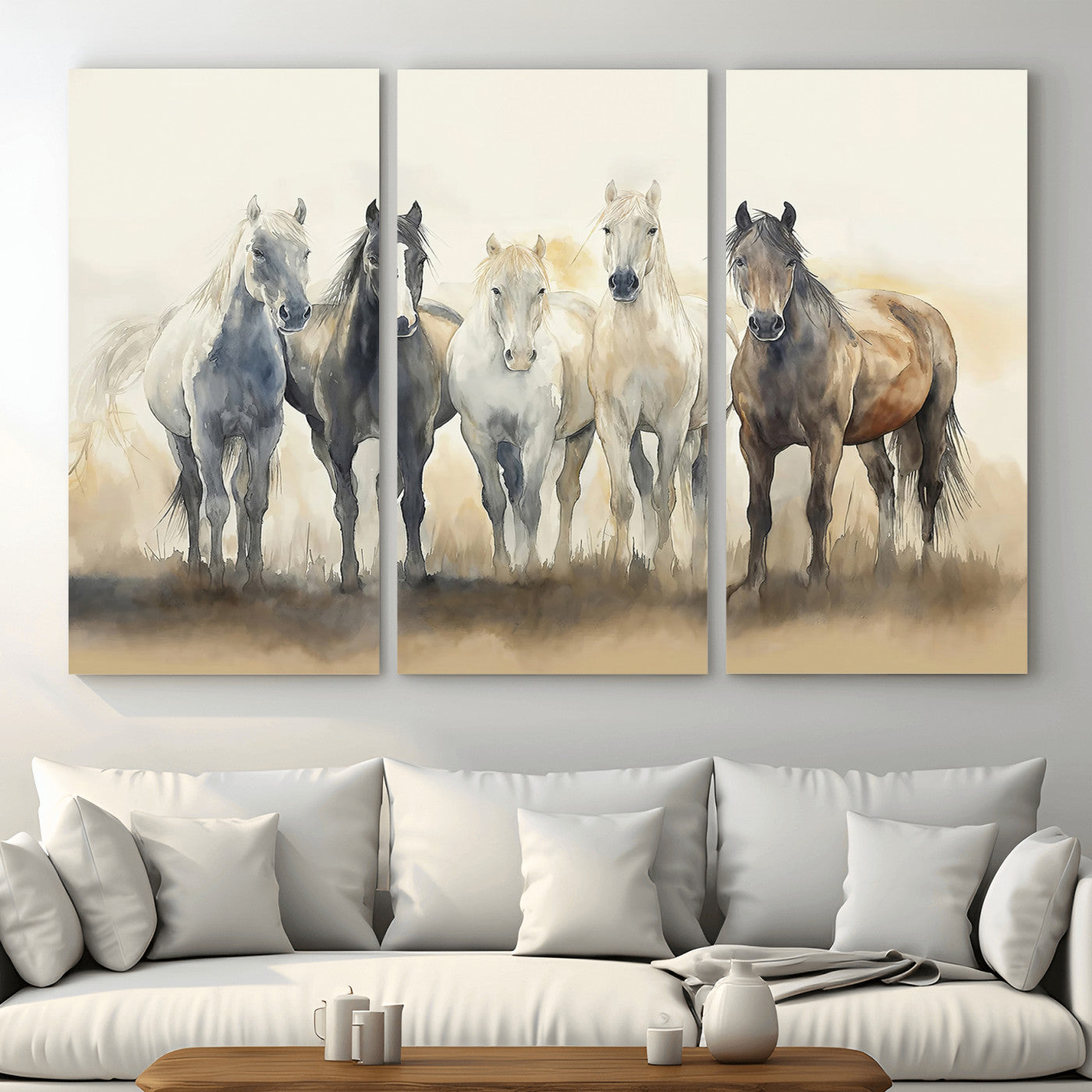 MGV-CV-48X32-3P - Wild Horses Wall Art Canvas Print, Framed Running Horses Art Picture Print, Watercolor Horses Perfect Rustic Western Decor Artwork