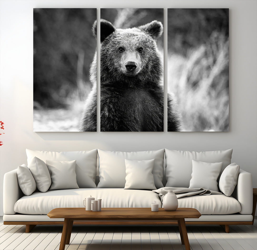 Grizzly Bear Wall Art Canvas Print, Framed Black White Bear Art Picture Print, Wild Bear Perfect Rustic Wildlife Decor