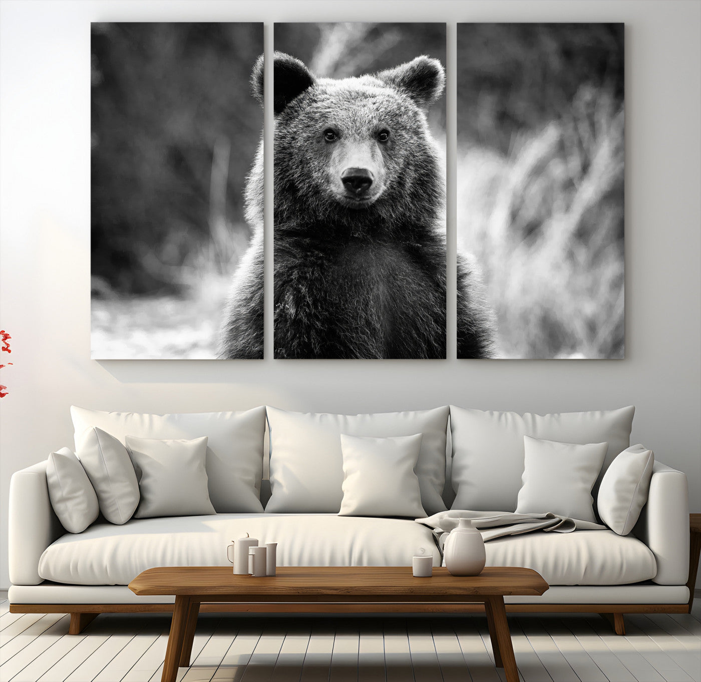 Black and white portrait of a grizzly bear with sharp detail and intense gaze, ideal for neutral-toned wildlife or rustic nature decor.