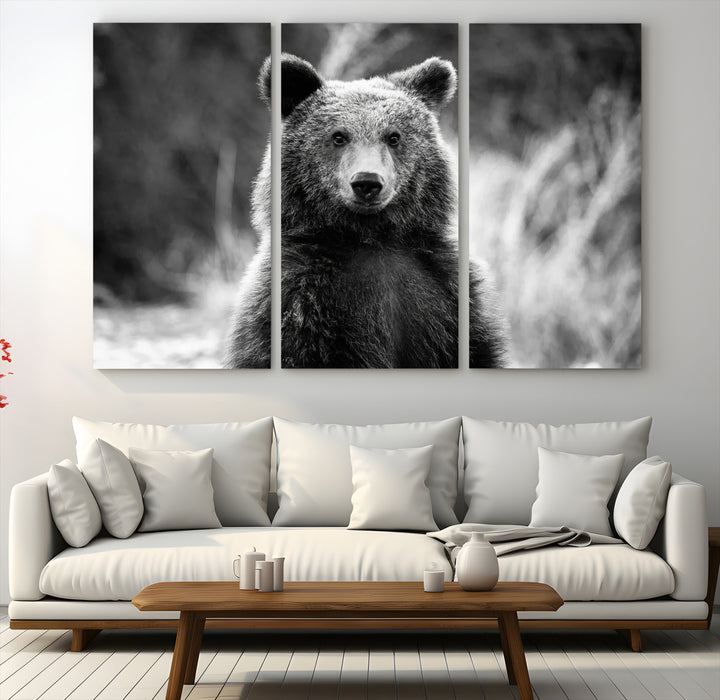 Grizzly Bear Wall Art Canvas Print, Framed Black White Bear Art Picture Print, Wild Bear Perfect Rustic Wildlife Decor