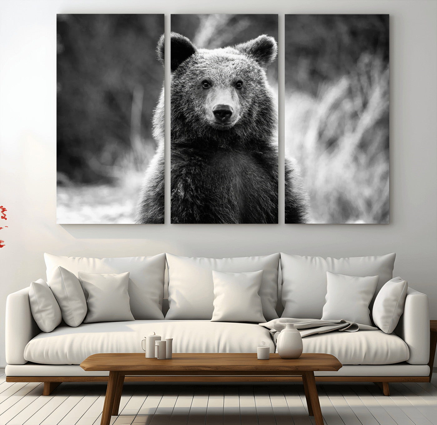 MGV-CV-48X32-3P - Grizzly Bear Wall Art Canvas Print, Framed Black White Bear Art Picture Print, Wild Bear Perfect Rustic Wildlife Decor Artwork