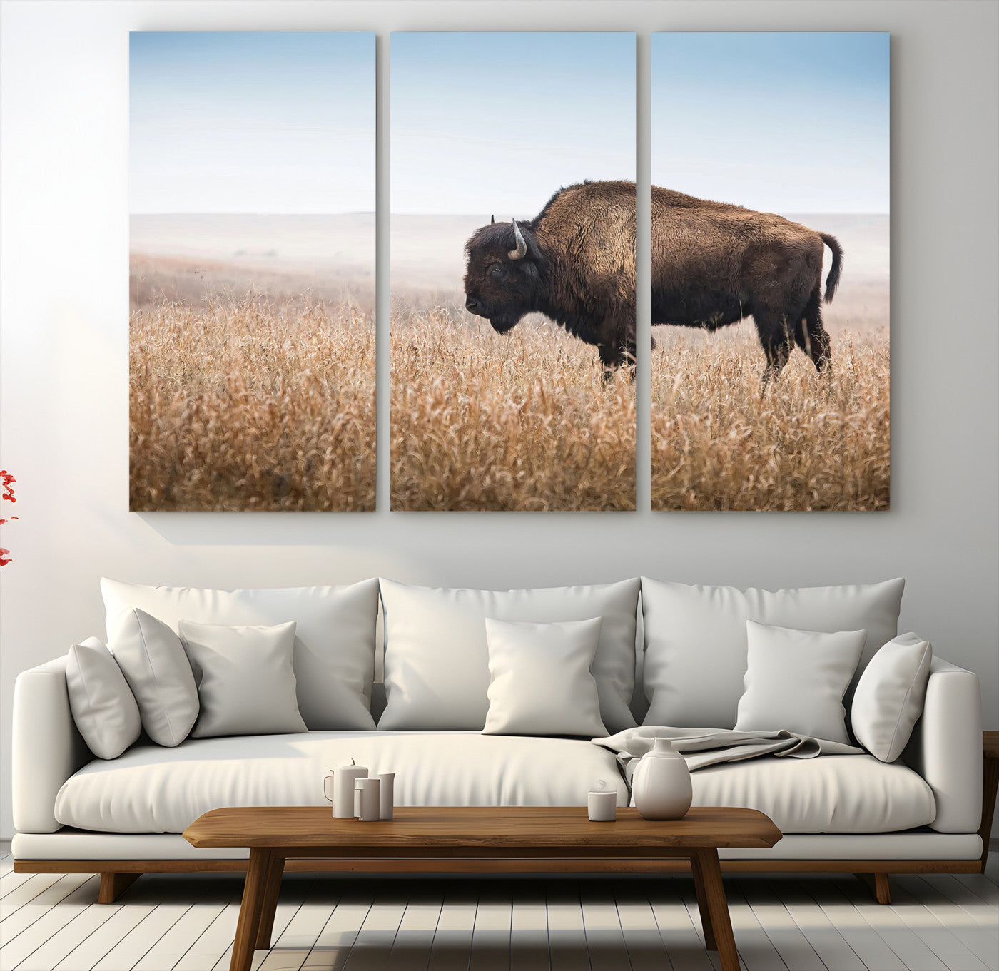 A solitary American bison stands in a dry grassland under soft skies, ideal for rustic or western-style home decor in warm neutral tones.