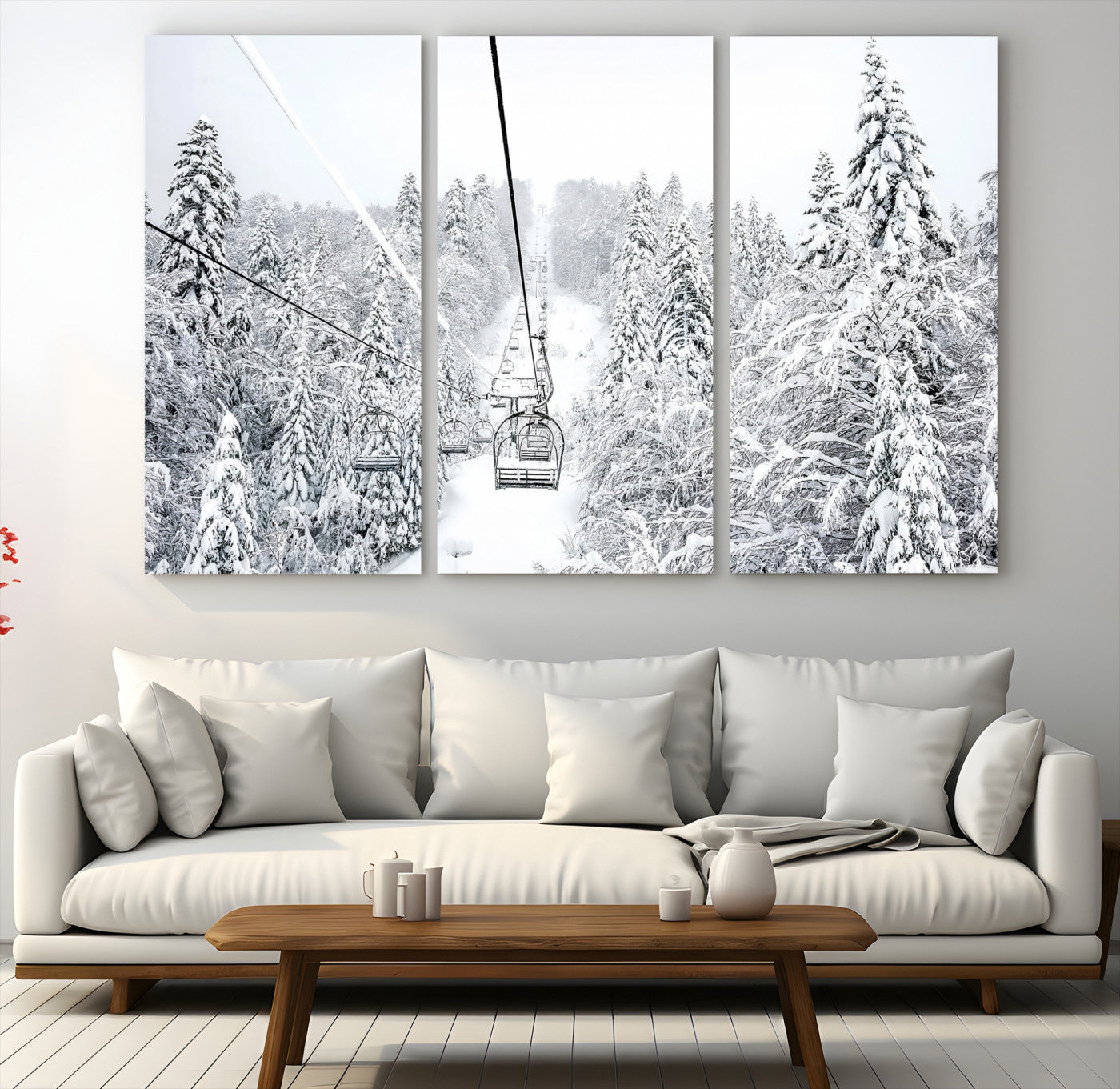 Snowy mountain landscape with a ski lift and snow-covered trees, ideal for winter-themed home decor. Perfect for modern, minimalist interiors.