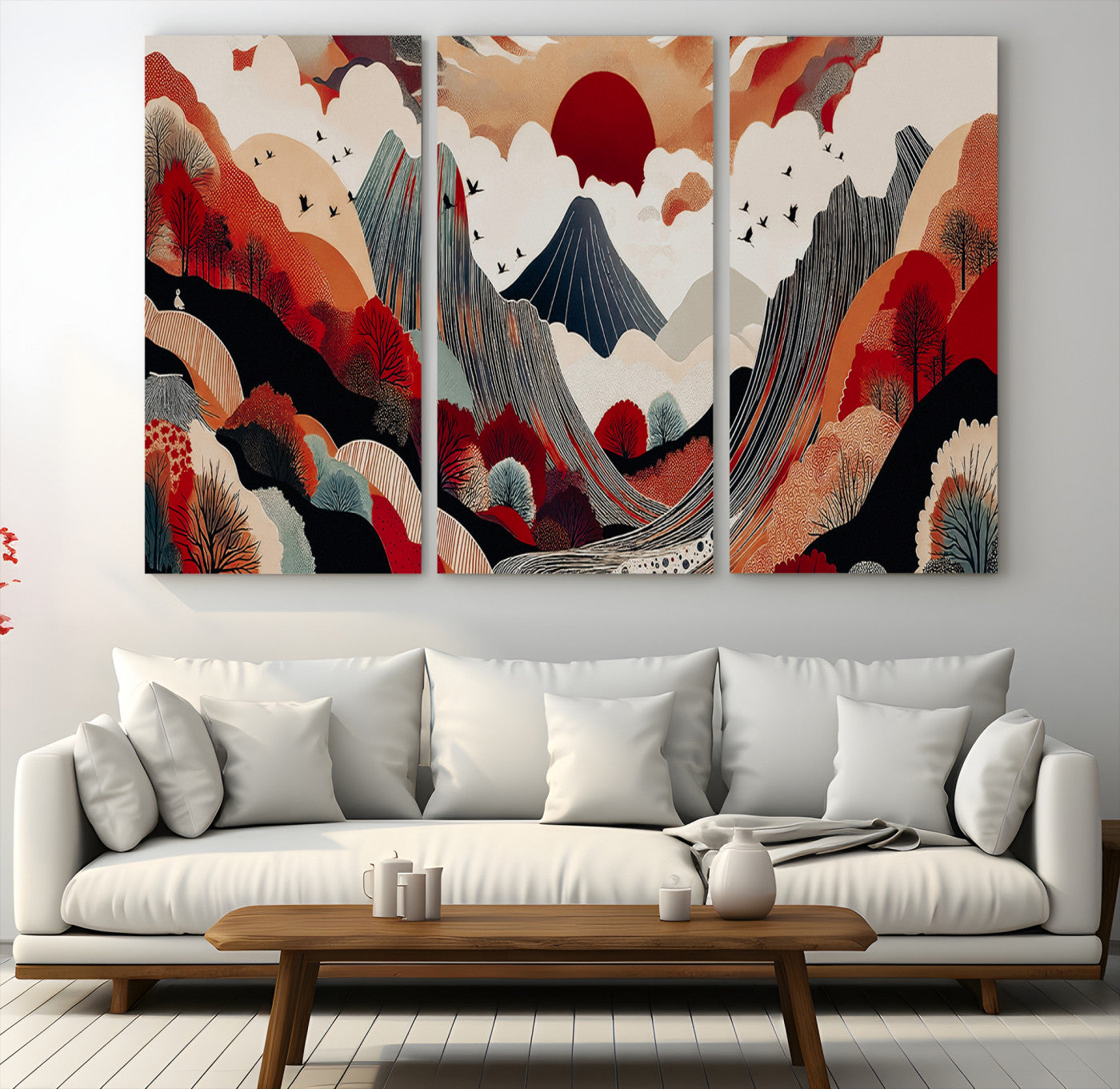 49034575-MGV-CV-48X32-3P-Abstract Mountain Wall Art Canvas Print, Framed Vibrant Landscape Art Picture Print, Stylized Nature Drawing Perfect Contemporary Minimalist