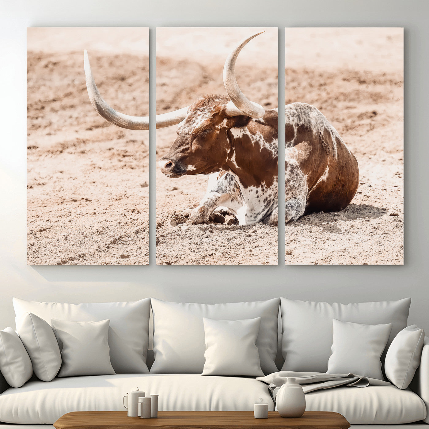 91248682-MGV-CV-36X24-Texas Longhorn Wall Art Canvas Print – Framed Resting Bull Scene with Spotted Cattle Artwork for Home, Office