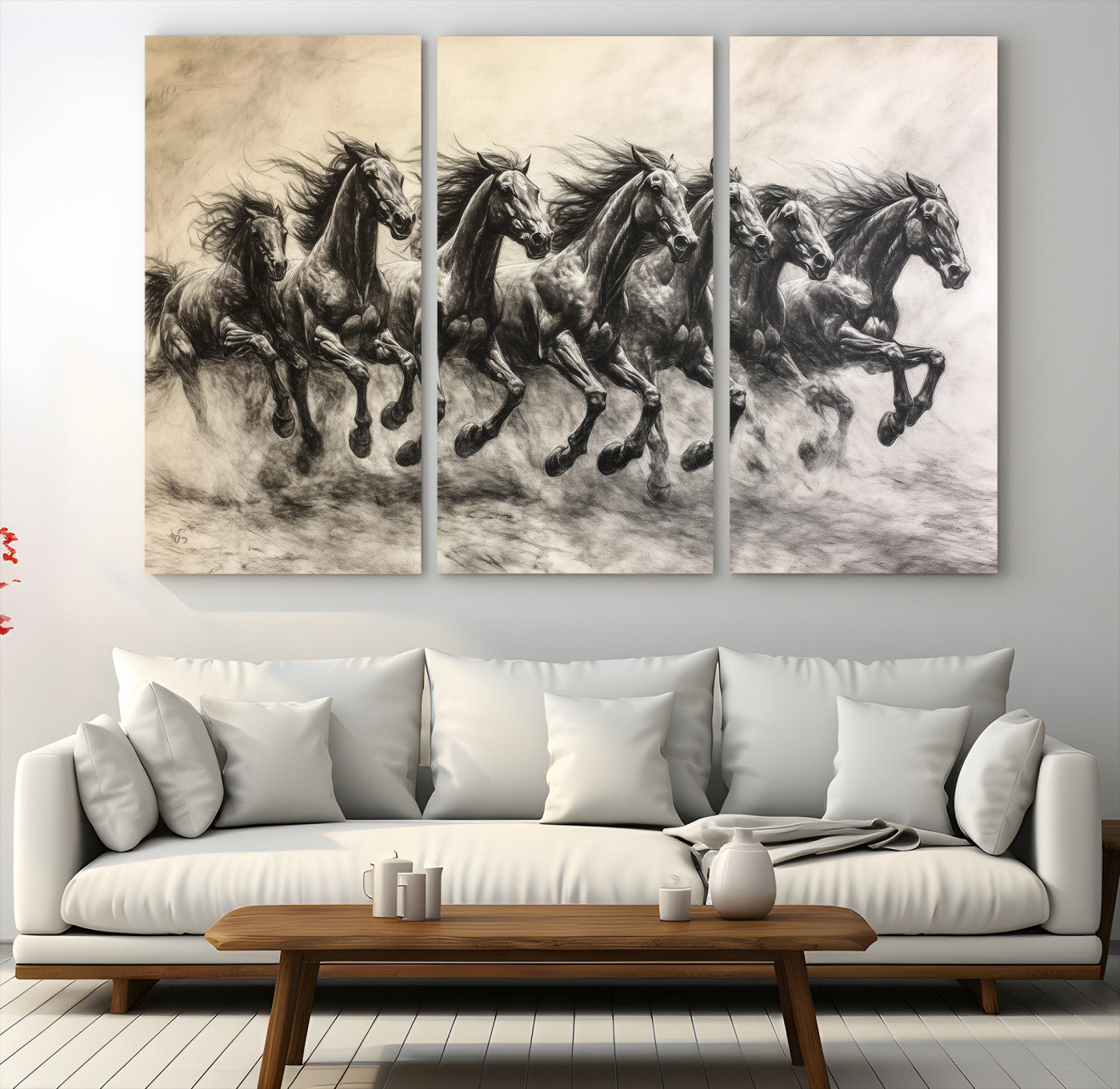 56089591-MGV-CV-48X32-3P-Galloping Horses Wall Art Canvas Print – Framed Wild Stallions Herd Sketch Dynamic Equestrian Artwork for Home Office