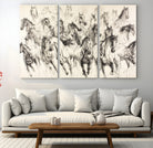 19433417-MGV-CV-48X32-3P-Running Horses Wall Art Canvas Print, Framed Horse Sketch Art Picture Print, Galloping Herd Perfect Monochrome Western Decor