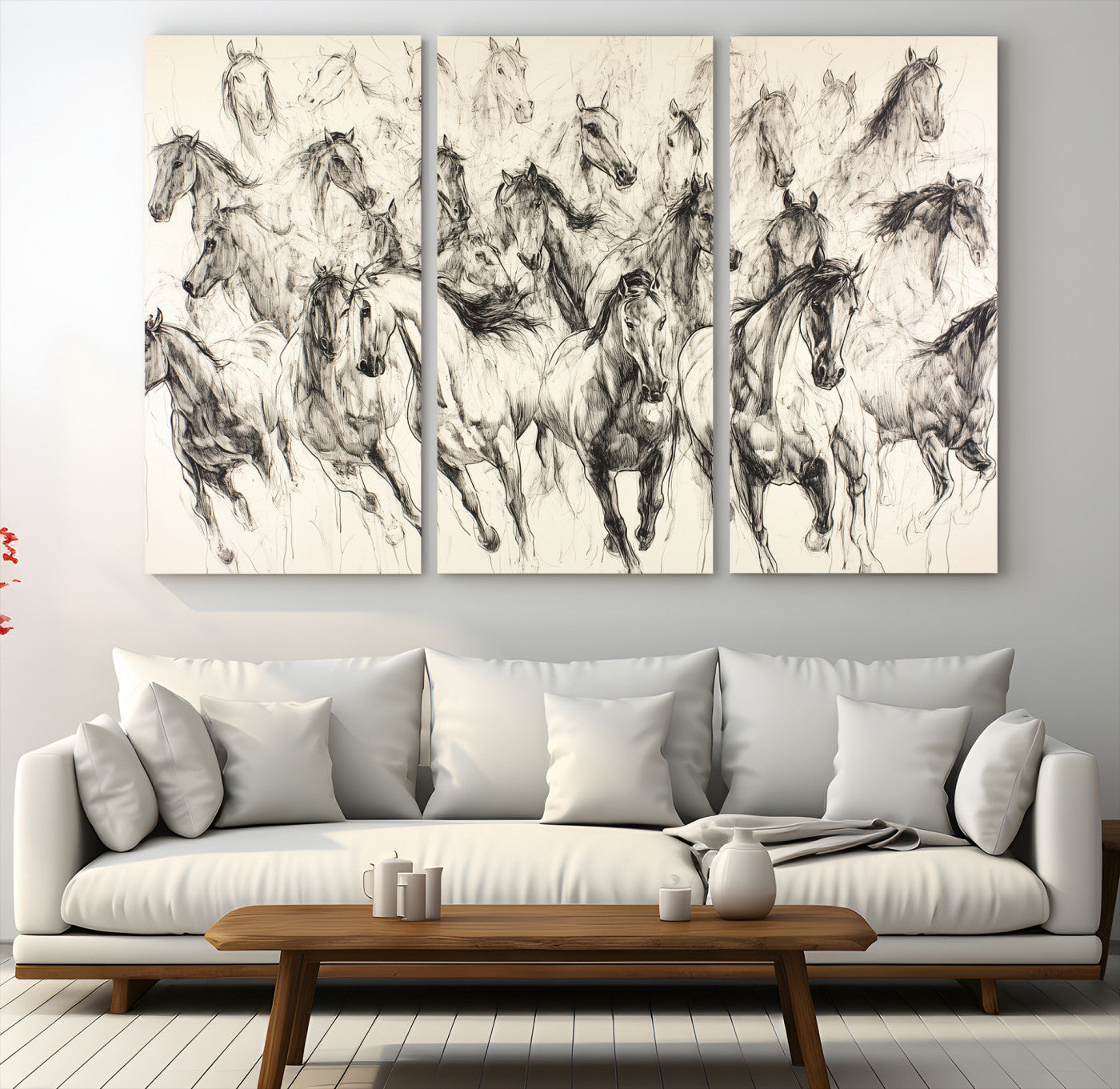 19433417-MGV-CV-48X32-3P-Running Horses Wall Art Canvas Print, Framed Horse Sketch Art Picture Print, Galloping Herd Perfect Monochrome Western Decor