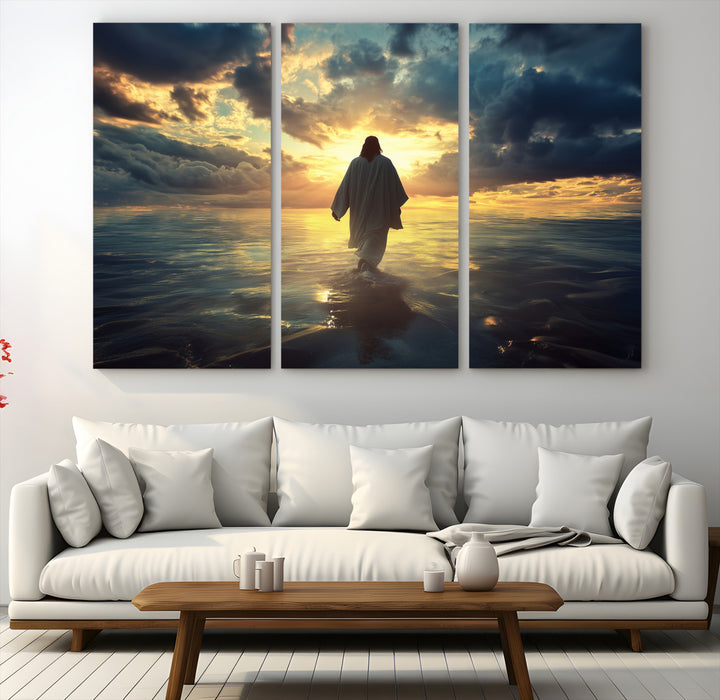 Jesus Walks Wall Art Canvas Print, Framed Divine Sunset Art Picture Print, Spiritual Light Perfect Spiritual Tranquil Decor Artwork