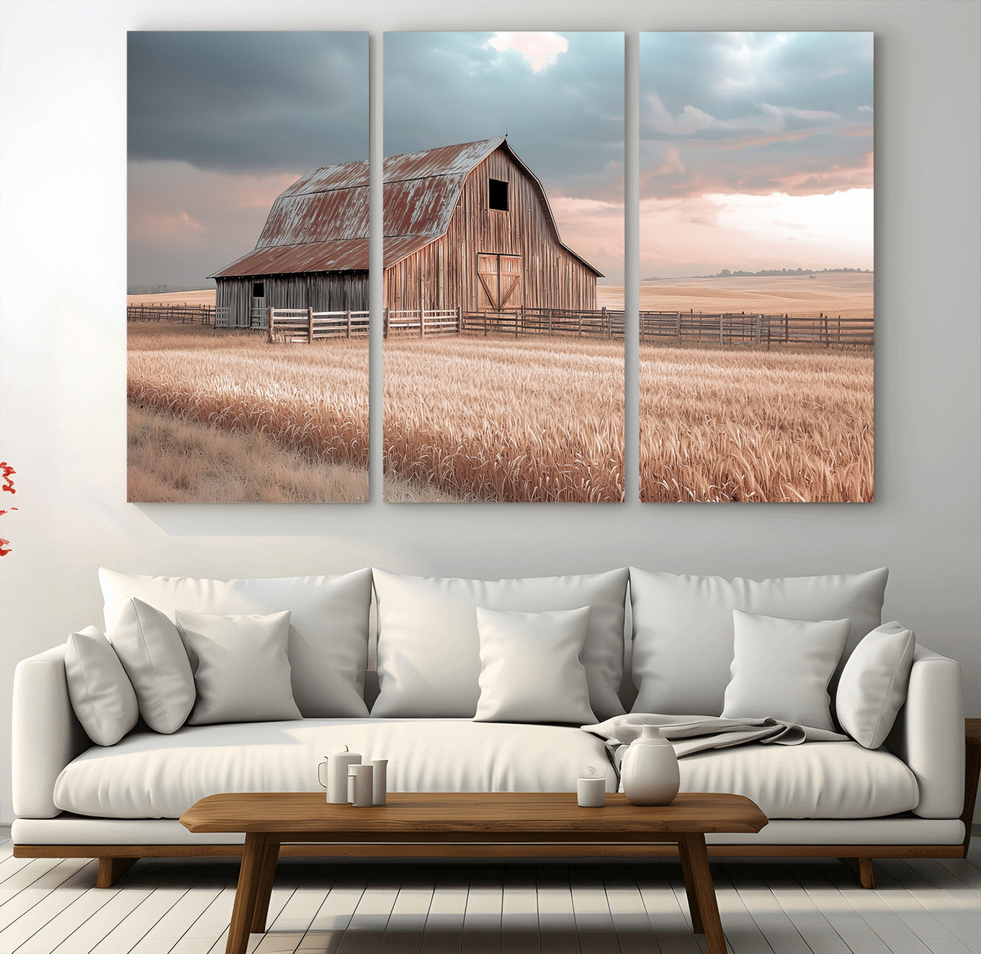 36878364-MGV-CV-48X32-3P-Rustic Barn Wall Art Canvas Print, Framed Wheat Field Art Picture Print, Sunset Barn Perfect Vintage Farmhouse Decor Artwork