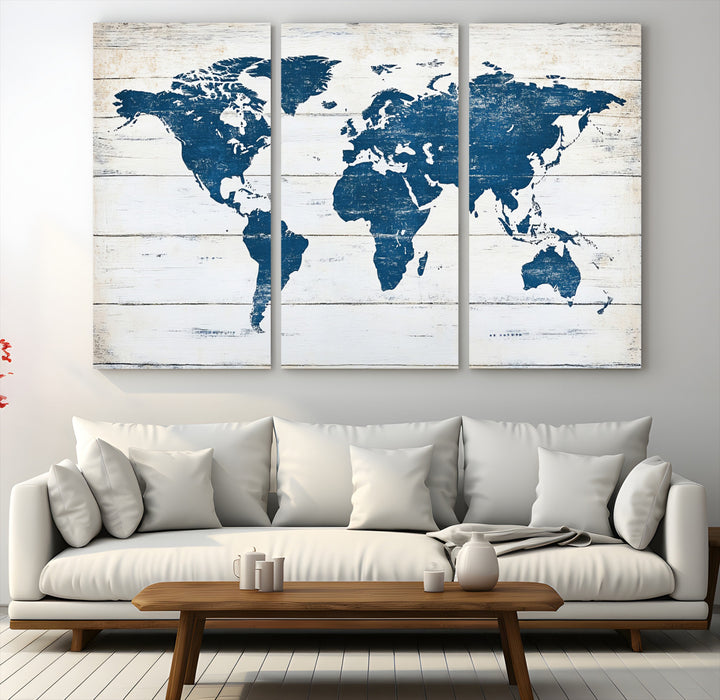 Rustic world map with blue continents on distressed wooden planks, perfect for coastal, explorer, or vintage-style wall decor.