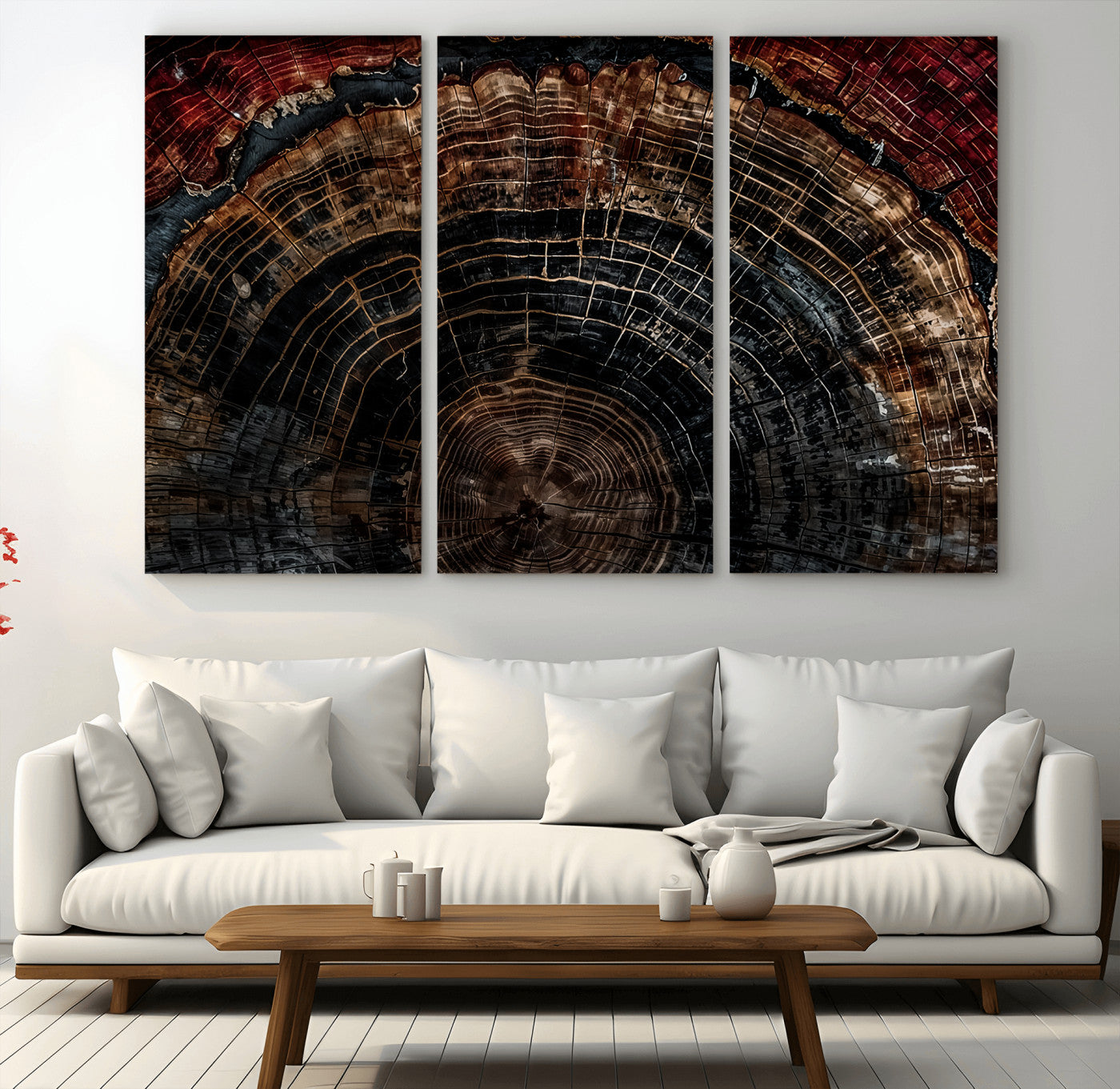 MGV-CV-48X32-3P - Dark Wood Ring Wall Art Canvas Print, Framed Abstract Wood Tree Art Picture Print, Rustic Tree Slice Perfect Rustic Decor Artwork