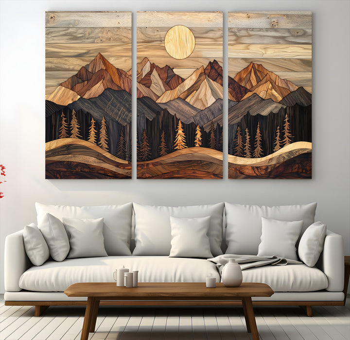 50100230-MGV-CV-48X32-3P-Wood Mountain Wall Art Canvas Print, Framed Boho Wood Art Print, Abstract Woodland Farmhouse Decor
