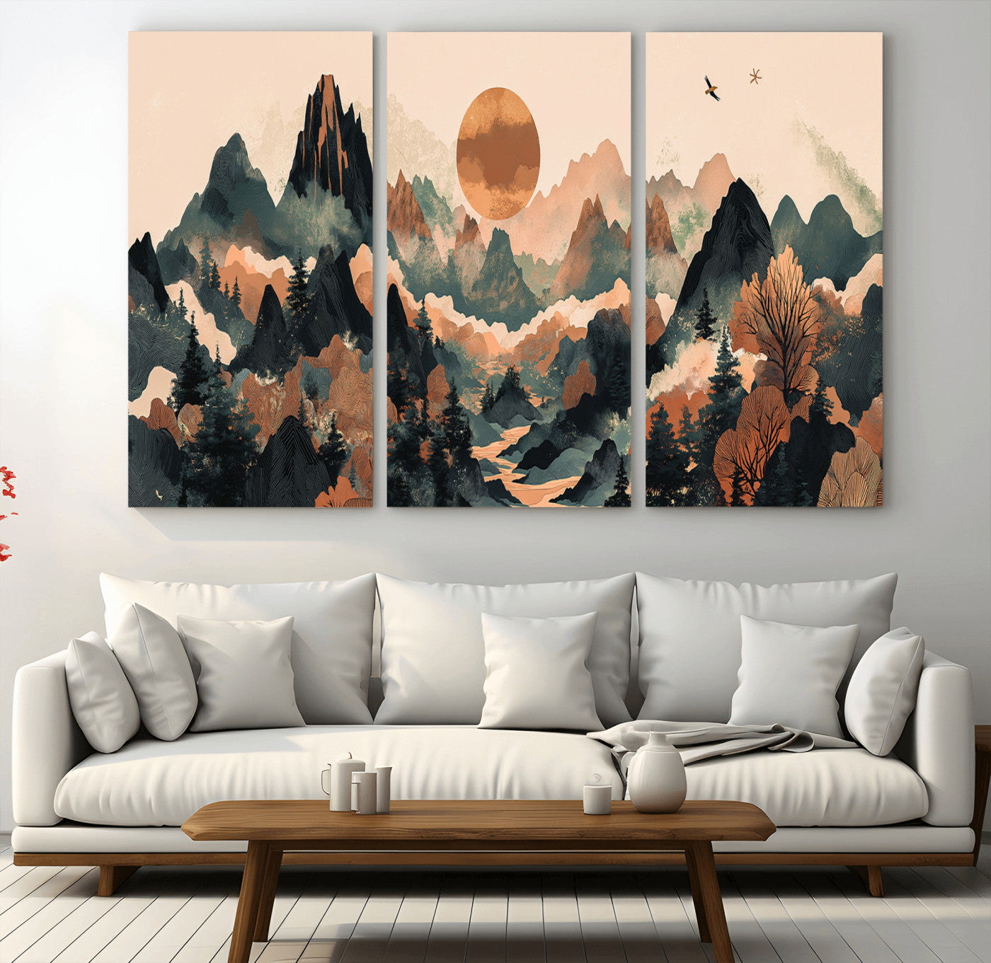 MGV-CV-48X32-3P - Wood Mountain Landscape Wall Art Canvas Print, Framed Sunset Hills Art Picture Print, Abstract Nature Perfect Boho Decor Artwork
