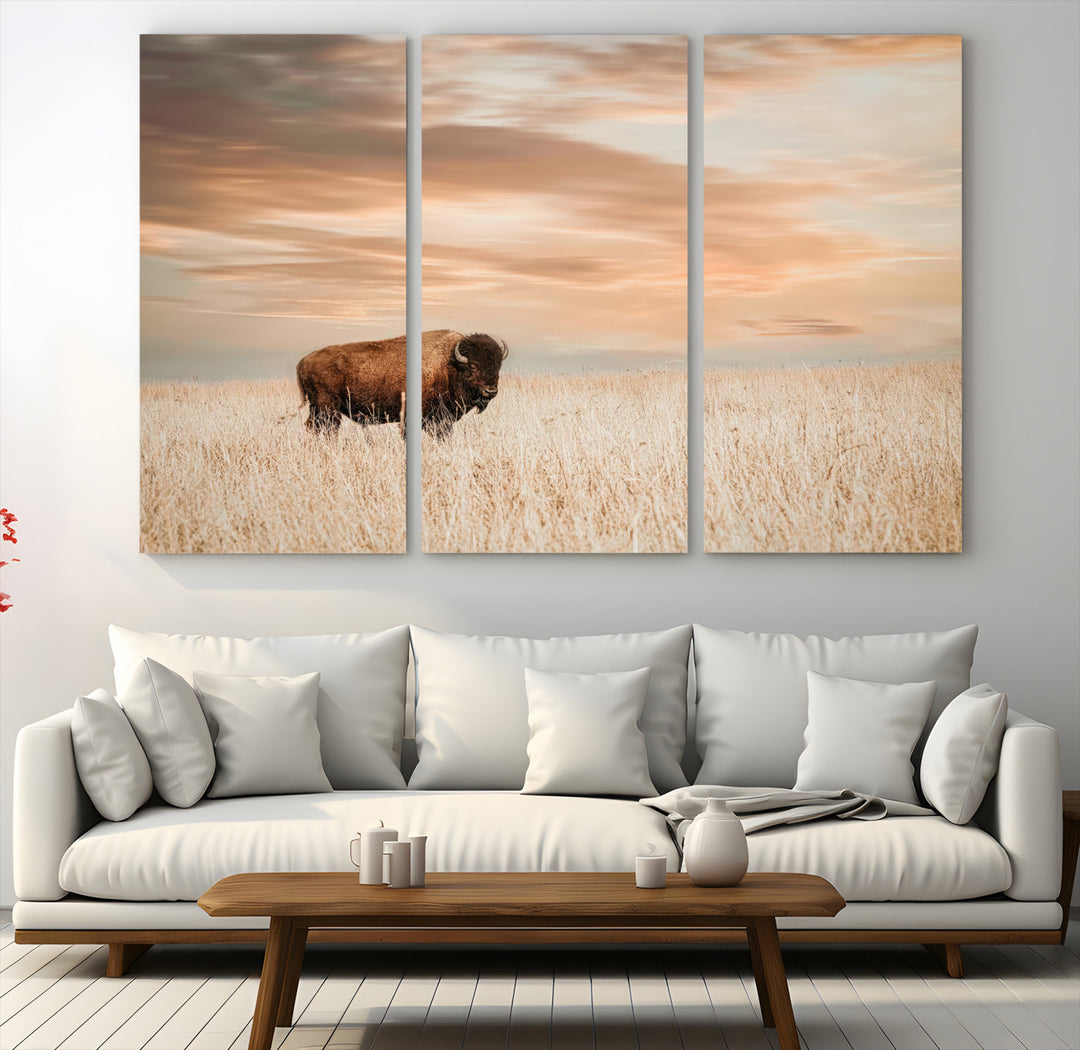 Bison Wall Art Canvas Print, Buffalo Print, Framed Western Prairie Art Print, Large Rustic Wildlife Printing Perfect for Rustic Decor