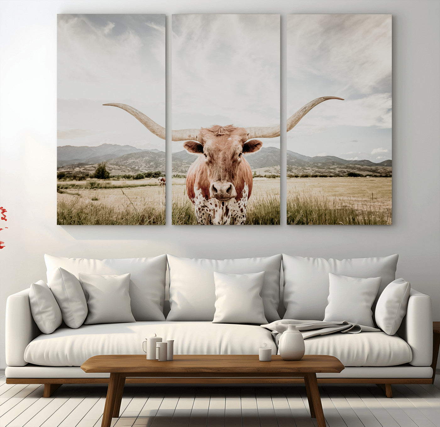 80054319-MGV-CV-36X24-Texas Longhorn Wall Art Canvas Print – Framed Western Cow Scene with Rustic Farmhouse Artwork for Home, Office